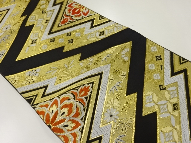 JAPANESE KIMONO / ANTIQUE FUKURO OBI / SILK / WOVEN MATSUKAWABISHI & FLOWERS & CLASSICAL PATTERN